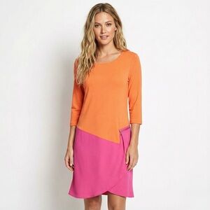 Joan Vass Colorblock Shift Dress Medium Petite Orange Pink Mod Retro Zipper
